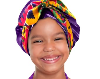 Kids Kente Tie Double Satin Bonnet Non Slip Safety Tie® Sleep Scarf Wrap Adjustable Tie Edge Protector Soft on Ears Free Pouch Machine Wash