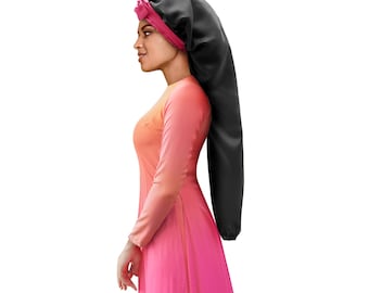 Extra Long Contrast Band Silky Satin  & Tie Night Sleep Hair Bonnet Scarf Adjust Non Slip Tie® Edge Control Open End Free Pouch Machine Wash