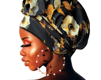 Print Bonnet Full Lined Satin Reversible Non Slip® Tie Night Sleep Scarf Adjust Edge Control Natural Extensions Free Pouch Washable UK Made