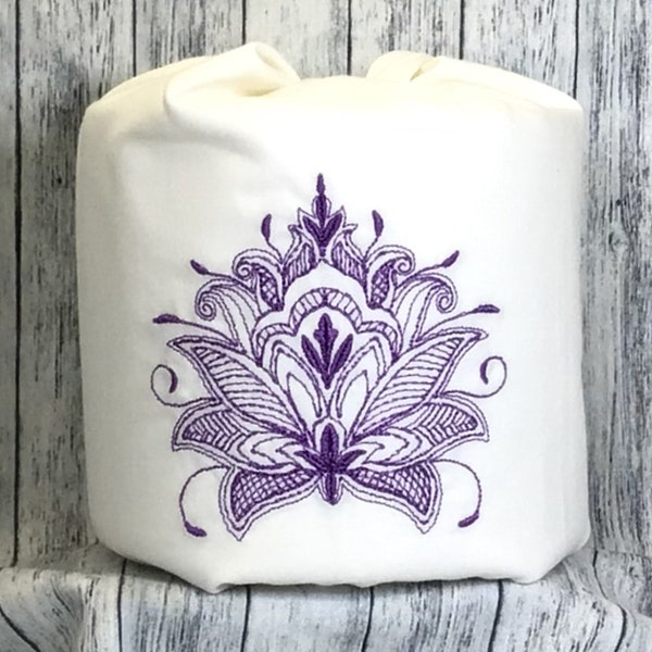 Lotus Flower Embroidered Decorative Toilet Paper Cover - Purple on White Cotton - Bathroom Decor Accessory - Toilet Paper Roll