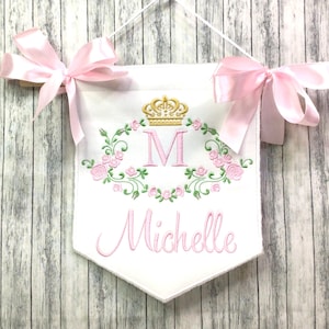 Custom Monogrammed Personalized Banner, Crown with Pink Flowers, Baby Banner, Hospital Door Sign, Bassinet, Crib, Door Wall Hanger