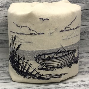 Seaside Fishing Boat Embroidered Decorative Toilet Paper Cover -Gray on Muslin Cotton - Bathroom Decor Accessory - Toilet Paper Roll