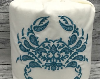 Crab Floral Embroidered Decorative Toilet Paper Cover -Teal on White Cotton - Bathroom Decor Accessory - Toilet Paper Roll