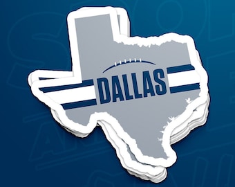 May include: Two gray outline stickers of the state of Texas with the word "Dallas" and a football inside a white circle. The stickers are stacked on top of each other.