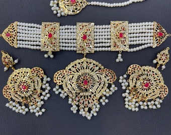 Hyderabadi Party wear Indiase etnische sieraden set oorbellen jhumka matha tikka choker ketting set