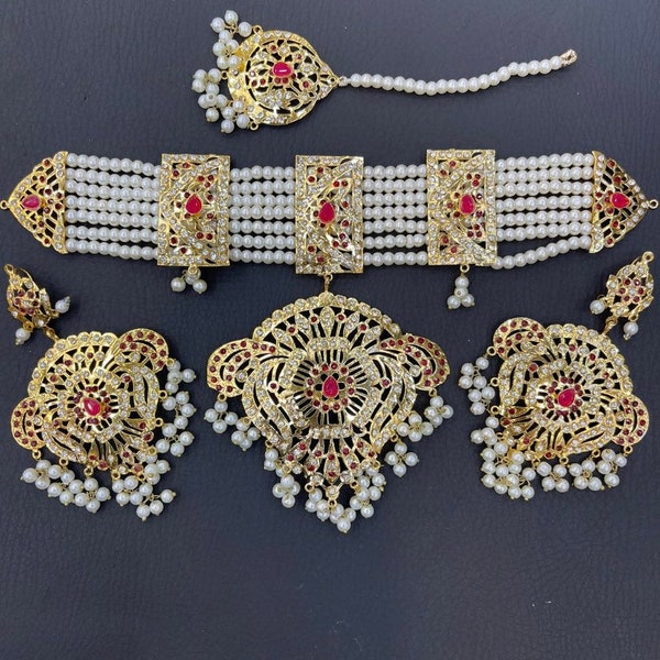 Hyderabadi Party wear indian ethnic jewellery set earrings  jhumka matha tikka choker necklace set
