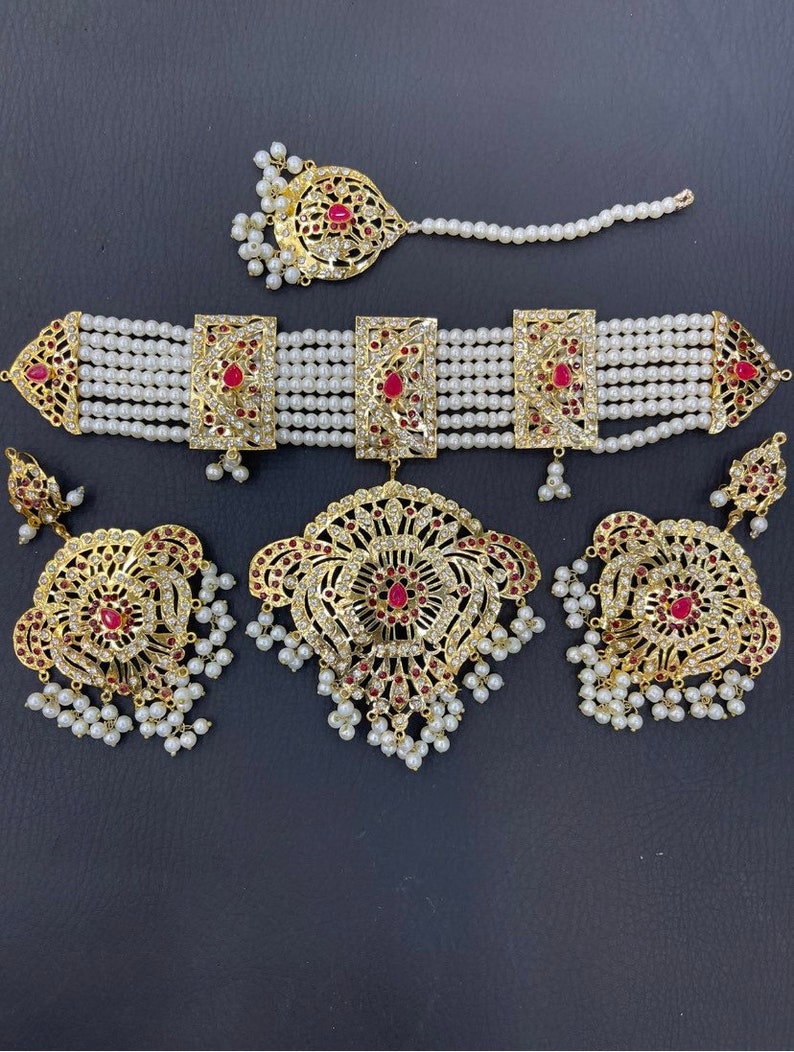 Hyderabadi Party wear indian ethnic jewellery set earrings jhumka matha tikka choker necklace set image 1