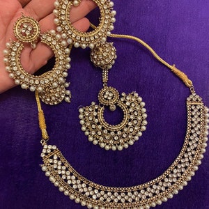 Antique style indian ethnic choker jewellery set earrings  jhumka matha tikka choker necklace set half head
