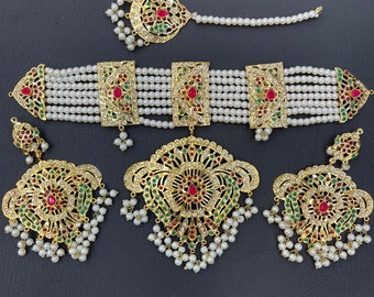 Hyderabadi Party wear Indiase etnische sieraden set oorbellen jhumka matha tikka choker ketting set