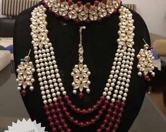 Feestkleding Indiase etnische Mala sieraden set oorbellen jhumka matha tikka choker ketting set