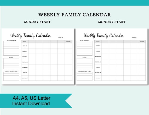 Weekly Family Calendar Family Planning Calendar Sunday and - Etsy