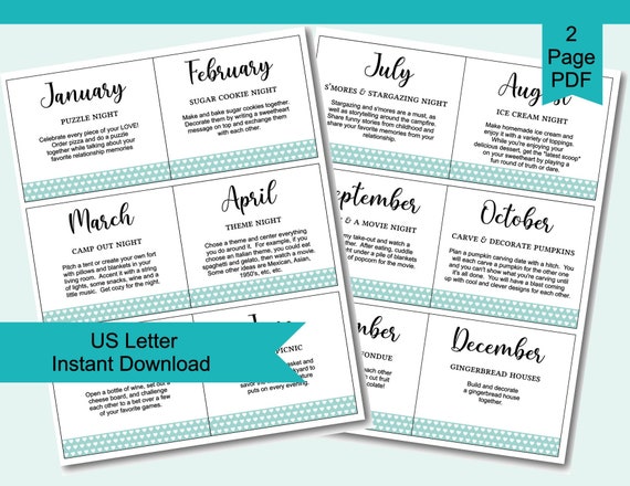 Printable 12 Months Of At Home Date Night Cards Flip Book Etsy