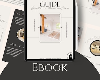 Pode incluir: Um tablet branco e cinza com uma caneta stylus preta. A tela do tablet exibe um guia de reforma de casas com o título "GUIDE GESTION RENOVATION" e o texto "EBOOK GUIDE GESTION RENOVATION".