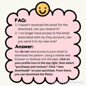 Peut inclure: Un graphique rose en forme de nuage avec une ic&ocirc;ne de visage souriant jaune en haut. Il contient un texte FAQ sur les probl&egrave;mes de t&eacute;l&eacute;chargement Etsy, expliquant comment acc&eacute;der aux fichiers via un navigateur web en s&eacute;lectionnant le profil.