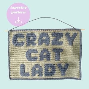 May include: A crocheted wall hanging with the words "CRAZY CAT LADY" in blue letters on a light green background. The tapestry pattern is attached to a wooden dowel with a string for hanging.
