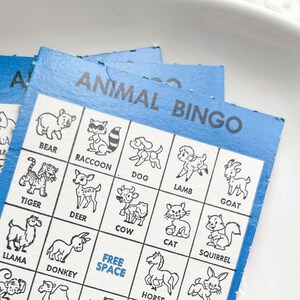 4 - Tarjetas de BINGO de animales de la década de 1970 - Efímera de juegos antiguos - Papel antiguo - Suministros de diario antiguos - Tarjetas de BINGO antiguas