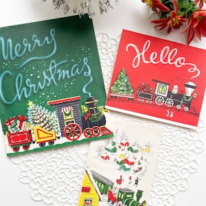Paquete de 3 tarjetas vintage usadas "Trenes navideños" - Tarjetas de felicitación navideñas - Tarjetas vintage - Navidad vintage
