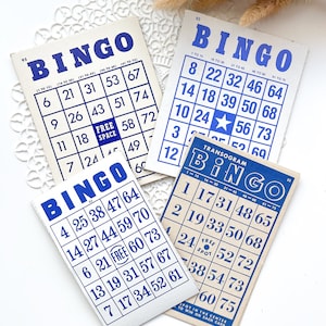 Paquete variado de tarjetas de BINGO azules - Juego de 8 - Efímeras - Papel vintage - Diario vintage - Tarjetas de BINGO - Efímeras vintage