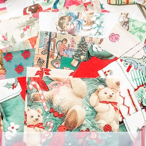 May include: A collection of vintage Christmas paper scraps featuring images of teddy bears, candy canes, and holiday scenes. The scraps are in various colors, including red, green, and white.