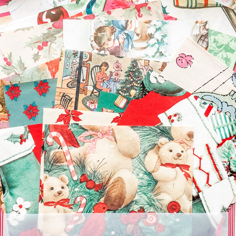 May include: A collection of vintage Christmas paper scraps featuring images of teddy bears, candy canes, and holiday scenes. The scraps are in various colors, including red, green, and white.