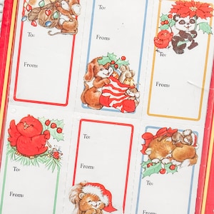 1984 - Paquet non ouvert de 36 étiquettes de Noël « Mignonnes et câlines » - Éphémères de Noël - Étiquettes de Noël - Vacances - Etiquettes cadeaux - Noël des années 80