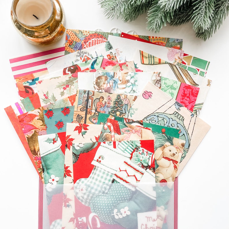 May include: A collection of vintage Christmas wrapping paper featuring a variety of holiday designs, including a teddy bear, a Christmas tree, and a stocking. The papers are in various colors, including red, green, and white.
