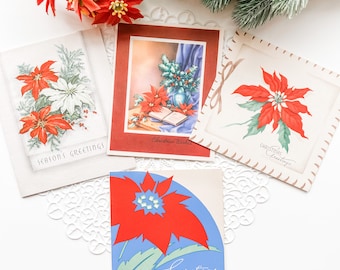 1940年代のヴィンテージポインセチアのクリスマスカード、ホリデー