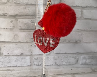 Love Heart Rhinestone Accessories Plush Ball Keychain Key Chain Ladies Bag Ornament Decoration