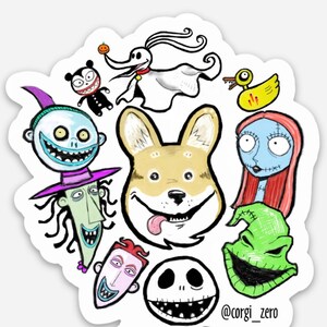Puede incluir: Una ilustración colorida con personajes de la película Pesadilla antes de Navidad, incluyendo a Jack Skellington, Sally, Oogie Boogie y Zero el perro fantasma. También se incluye un perro corgi en la ilustración. La ilustración está rodeada por un borde blanco e incluye el texto "@corgi_zero".