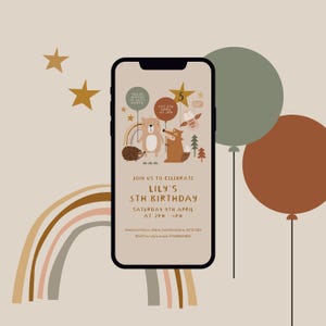 Woodland theme kids party invite, DIGITAL download, woodland animals, editable birthday invitation, personalised, bear party, scandi neutral