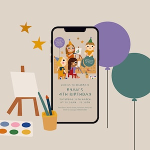 May include: A digital invitation for a child's 4th birthday party. The invitation features a cartoon image of children painting on easels. The text on the invitation reads "Join us to celebrate Ryan's 4th Birthday, Saturday 30th March at 10:30am - 12:30pm, Park Barn, North Street, Horsham, RH12 1803, RSVP to Georgia 07992574389".