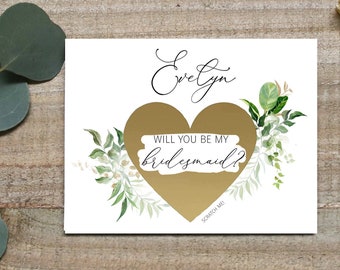 Bridal party proposal Scratch off card, Will you be my bridesmaid scratch off, heart scratch off card, greenery bridesmaid card, gold card