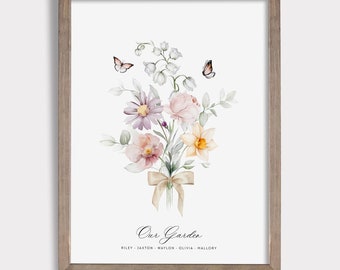 Birth Flower Bouquet Print: Custom Watercolor Family Art