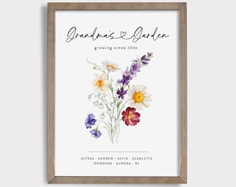 Grandma's Garden Bouquet, Custom Family Art Print, Printable Name and Flowers, Mothers Day Gift, Birth month Flowers, Gift for Grandma