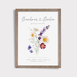 Grandma&#39;s Garden Bouquet, Custom Family Art Print, Printable Name and Flowers, Christmas Gift, Birth month Flowers, Gift for Grandma