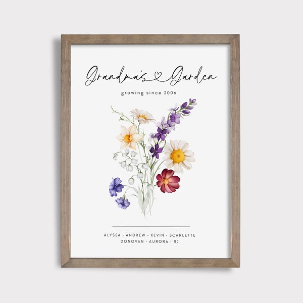 Grandma's Garden Bouquet, DIGITAL DOWNLOAD Custom Family Art Print, Printable Name and Flowers,Birth month Flowers, 1- 12 FLOWERS total.
