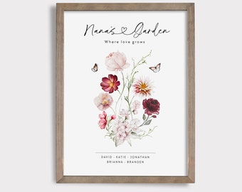May include: A framed print with a floral design and the text "Nana's Garden Where love grows" and a list of names at the bottom. The flowers are pink, red, and white.
