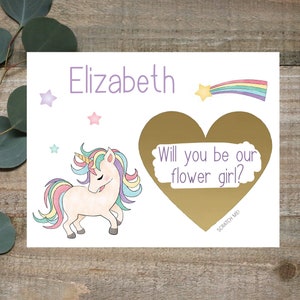 Carte de fille d'honneur à gratter, proposition de demoiselle d'honneur personnalisée, prénom personnalisé, licorne et arc-en-ciel, serez-vous notre demoiselle d'honneur