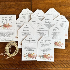 Printed Marriage Milestone Tags, Watercolor Wine Tags,Wine basket tags, A year of firsts, summer florals watercolor