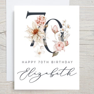 Carte de 70e anniversaire, carte d'anniversaire d'un ami, 70e anniversaire, carte de soixante-dix ans, soixante-dixième anniversaire, personnalisée avec son nom, floral des années 70