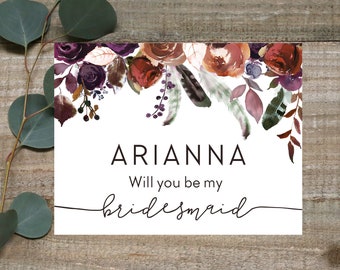 Burgundy Rustic Bridesmaid Card, Will you be my bridesmaid Card, Bridesmaid Proposal Card, bridesmaid name card,Autumn card,Fall rustic card