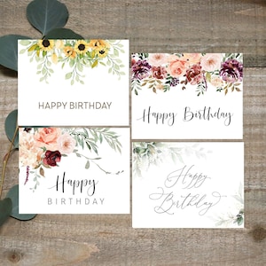 Lot de cartes d'anniversaire, joyeux anniversaire floral aquarelle, intérieur vierge, jeu de cartes d'anniversaire assorties, assortiment fait main