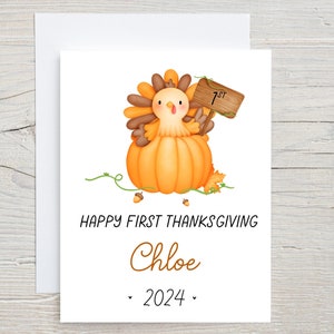 Première carte de Thanksgiving de bébé, carte de Thanksgiving personnalisée pour fils ou fille, 1er Thanksgiving, dinde à la citrouille, première carte de vacances