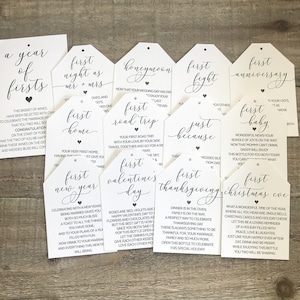 Printed Marriage Milestone Tags, Heart Wine Tags, First Year milestones, wine poem,Wine basket tags,Milestone wine tag,A year of firsts tags