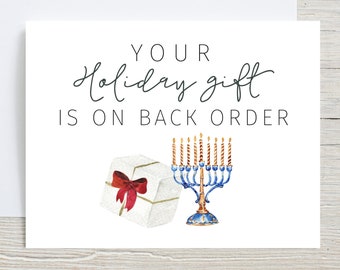 Holiday gift is on back order, Christmas present, Chrismukkah, Hanukkah surprise pregnancy card, Menorah Pregnancy card