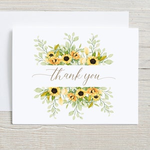Cartes de remerciement tournesol, cartes de voeux, douche de bébé, douche nuptiale, ensemble de 10 cartes, mariée et mariage, cartes de remerciement, carte aquarelle