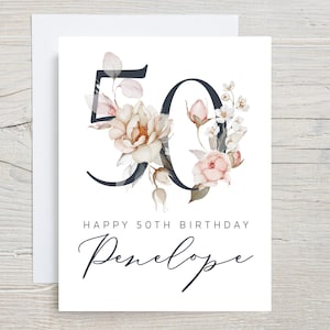 Carte de 50e anniversaire, carte d'anniversaire d'un ami, 50e anniversaire, carte de cinquante ans, cinquantième anniversaire, personnalisée avec nom, Floral 50e pour elle