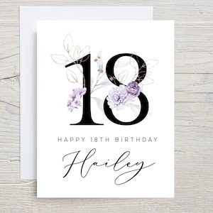 Carte d'anniversaire 18 ans, Joyeux 18 ans, Carte d'anniversaire 18 ans, Personnalisée, Anniversaire floral violet, Carte d'anniversaire pour elle