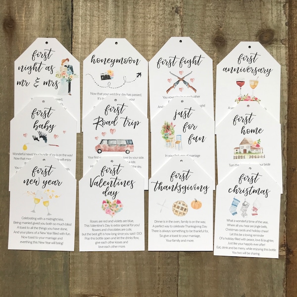 Digital Download Marriage Milestone Tags, Watercolor Wine Tags, First Year milestones, wine poem,Wine basket tags,A year of firsts Tags DIY