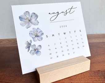 2024 Floral desk Calendar, Birth month Flowers, Monthly desk calendar, Watercolor Botanical calendar, With wood Stand, Stocking stuffer